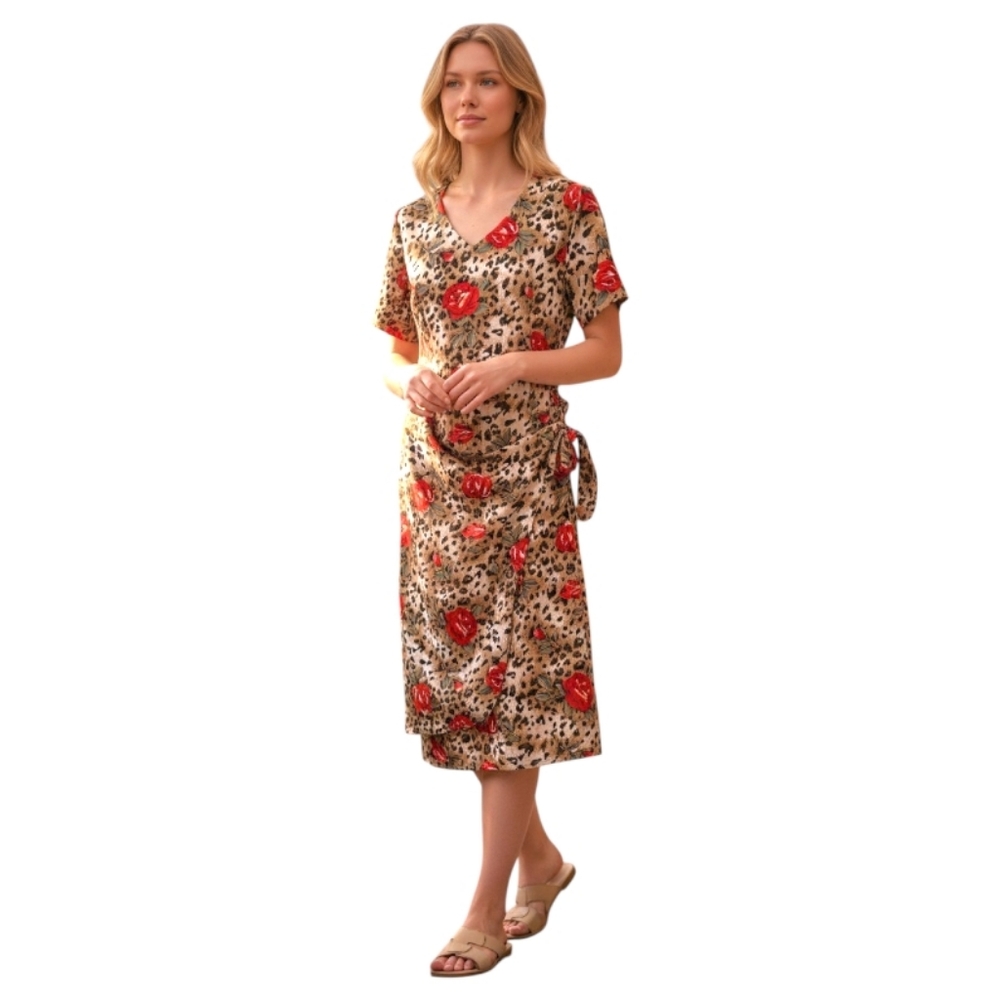 Vintage Miss Dorby Leopard Red Rose Midi Length Wrap Dress Women's Size 12